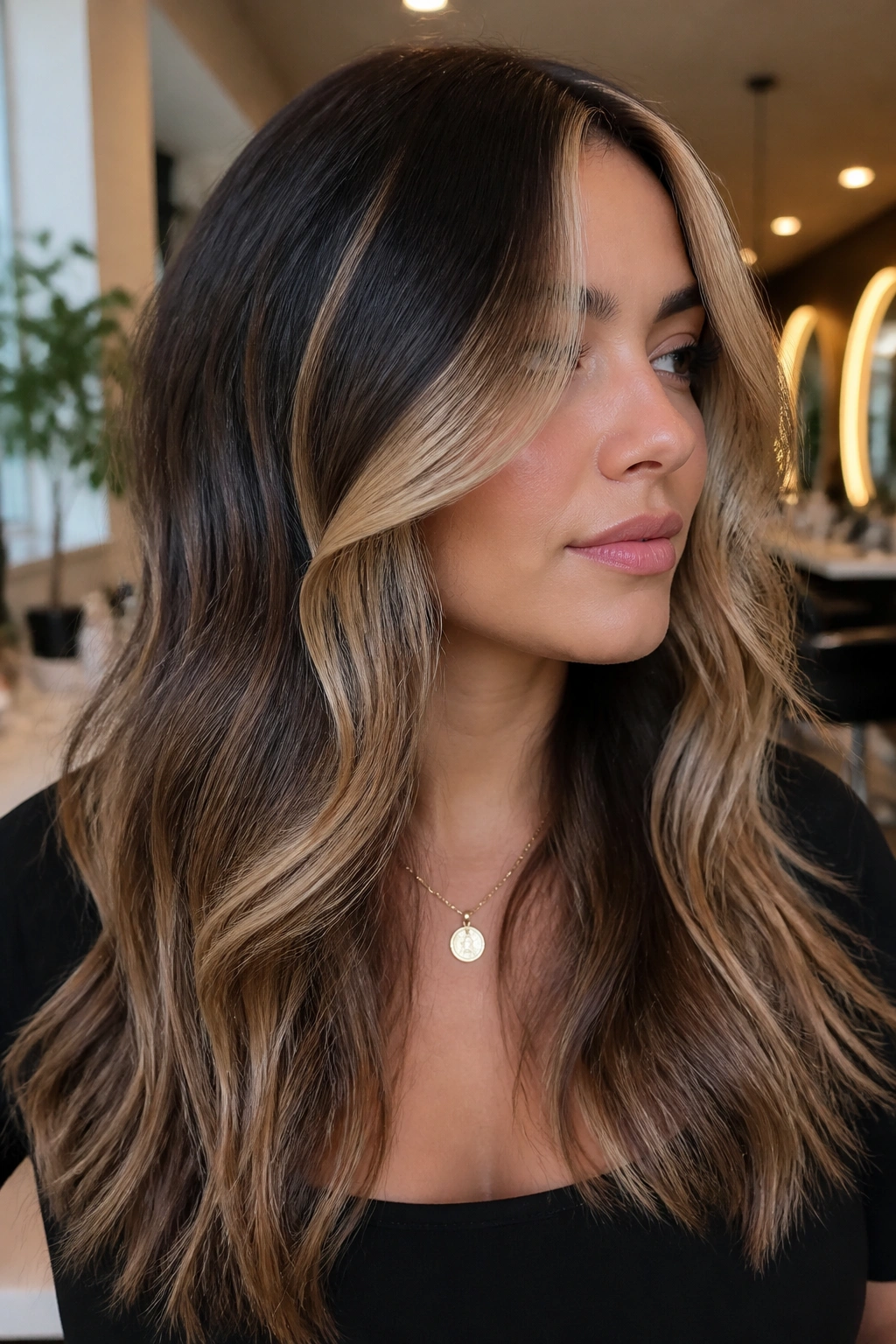 Close-up of caramel-blonde chunky panels in dark hair