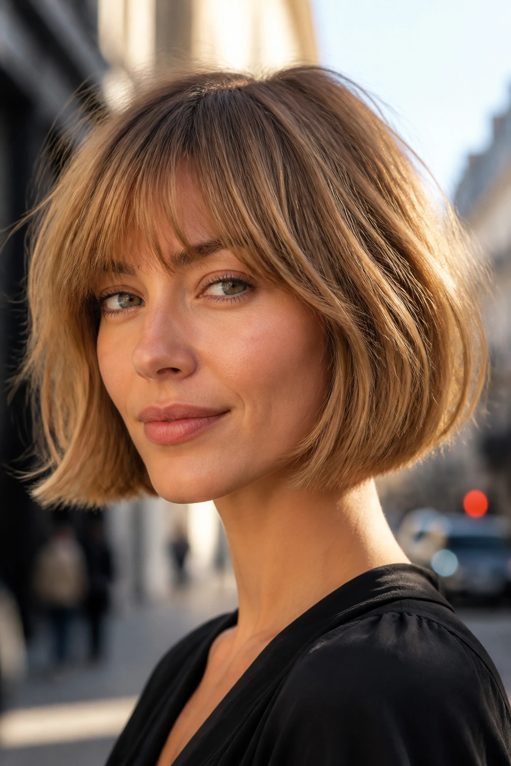 Real woman with caramel blonde French bob on city street morning light