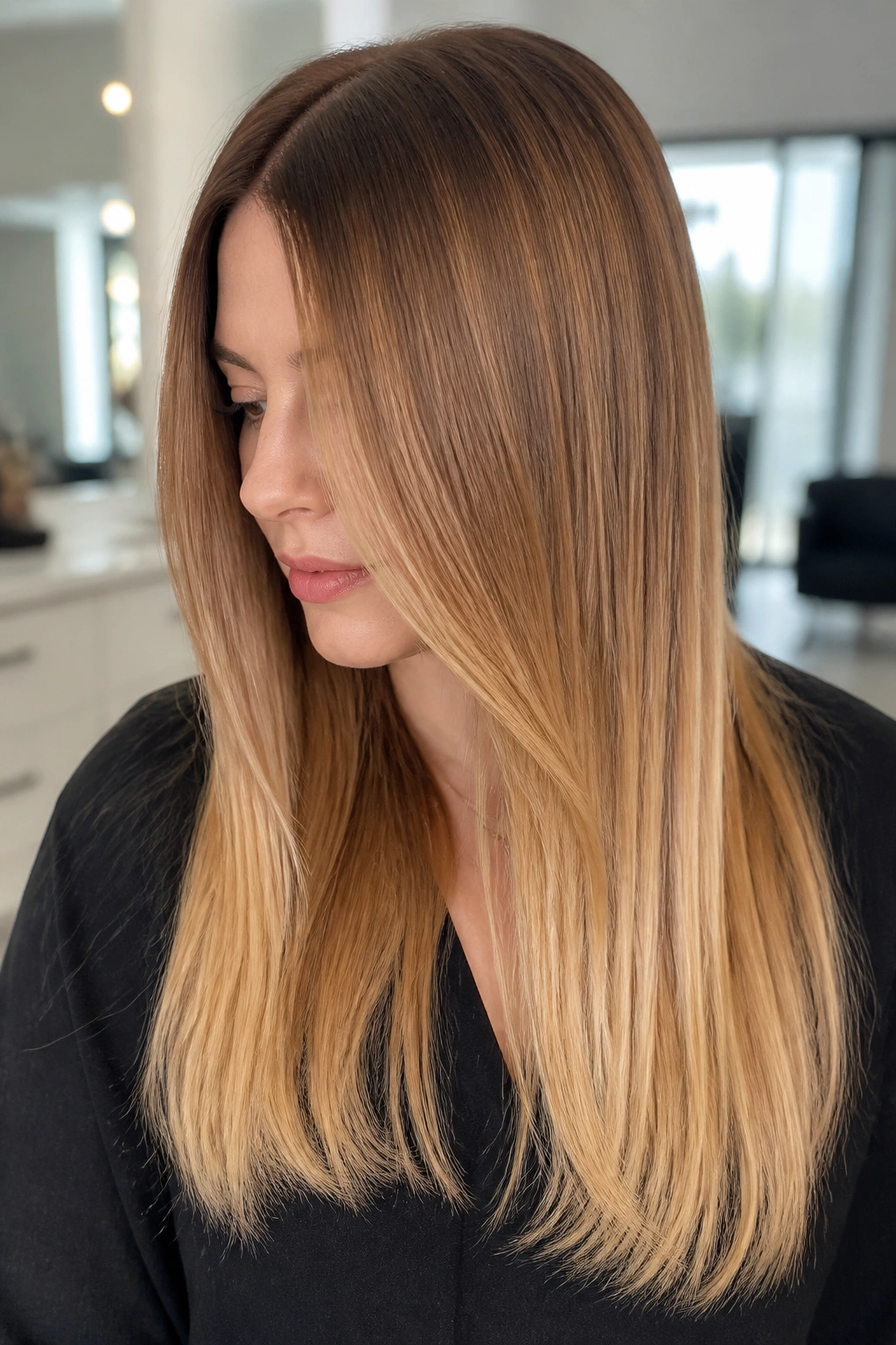 Close-up of a real woman with Caramel to Buttery Blonde Melt on straight hair.