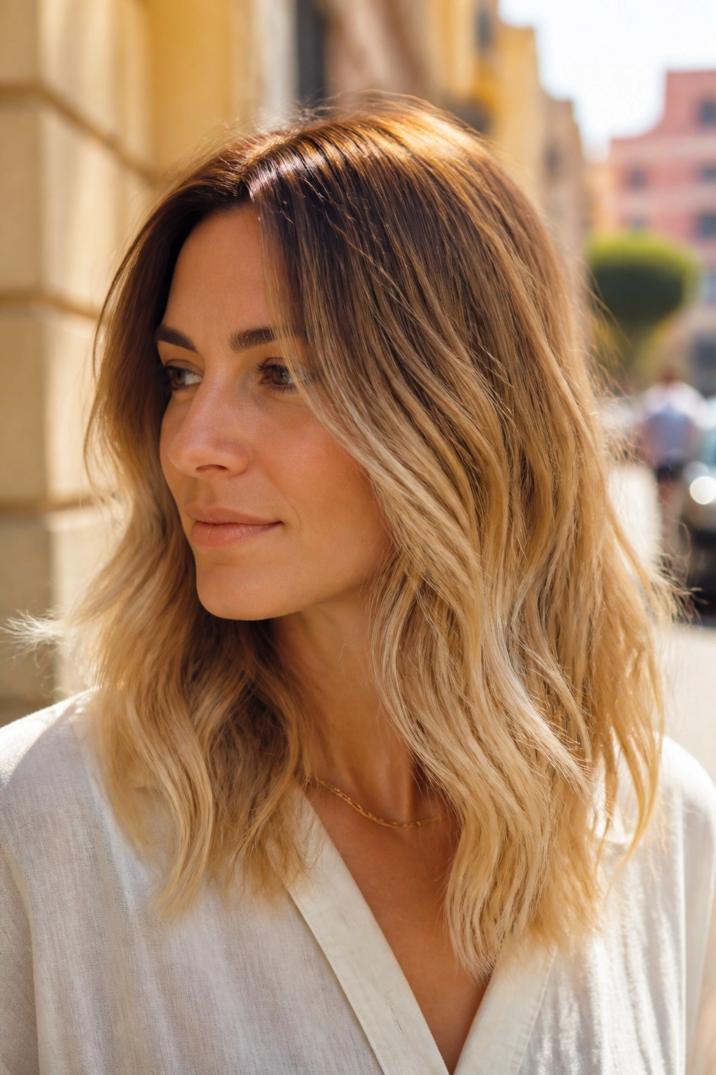 Close up of a woman with caramel to blonde ombre on a midi cut in sunlight