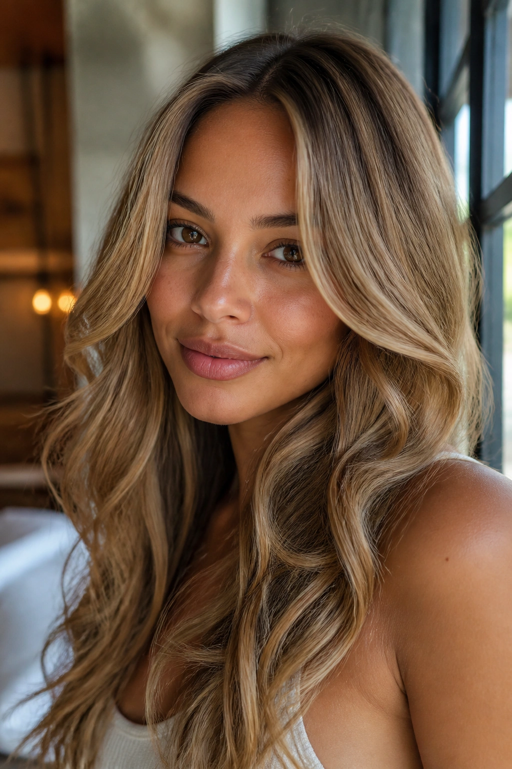 Close-up portrait of a real person with caramel blonde hair and warm tones