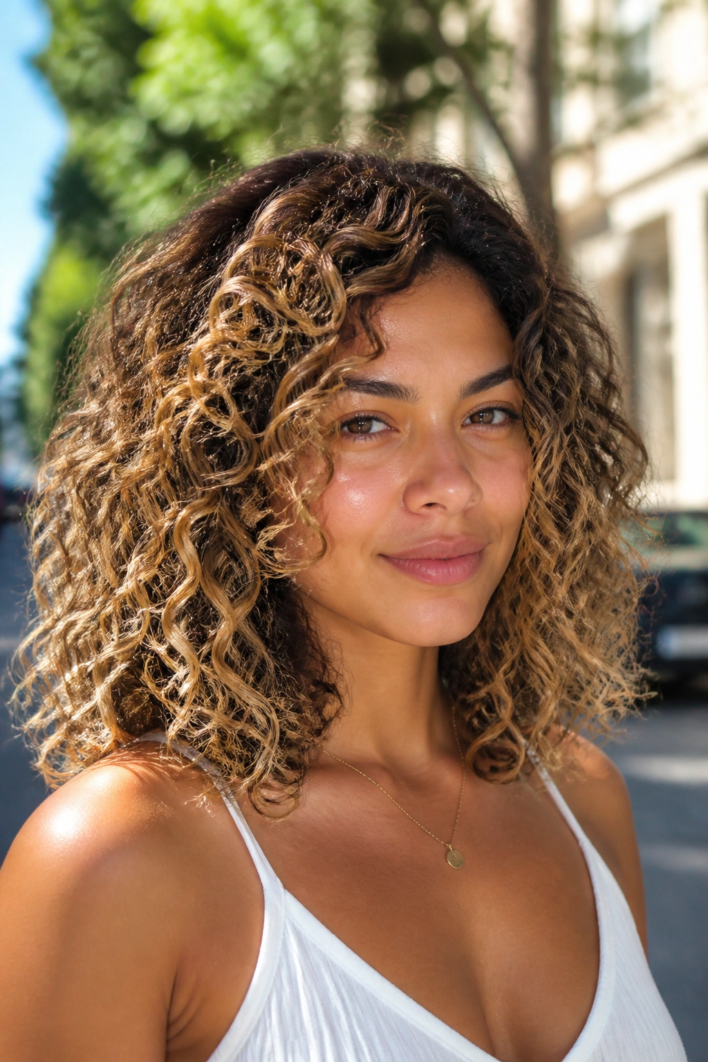 Close-up of caramel bronde melt curls on real woman in warm sunlight