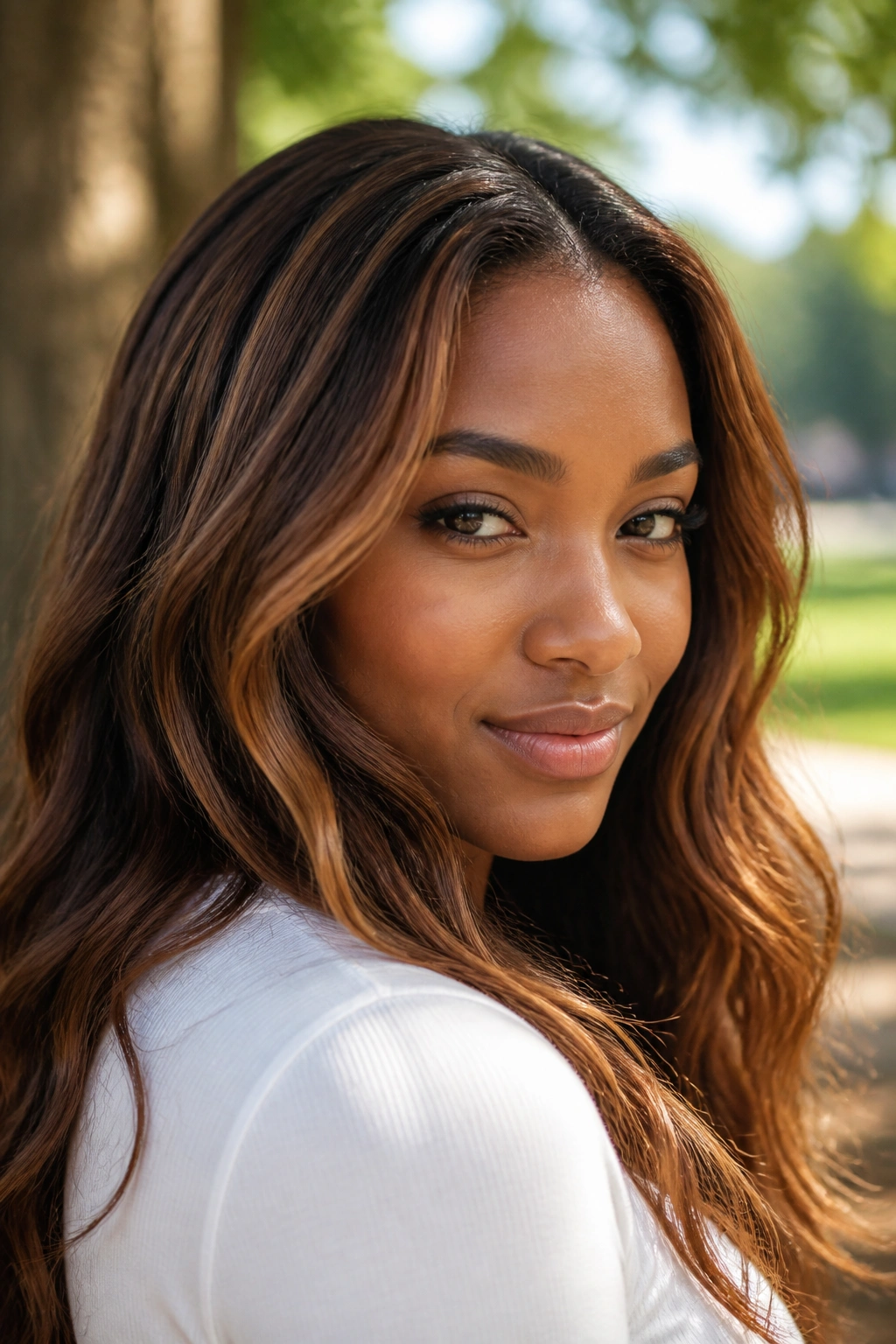 Close-up portrait of a real person with caramel brown hair in sunny light