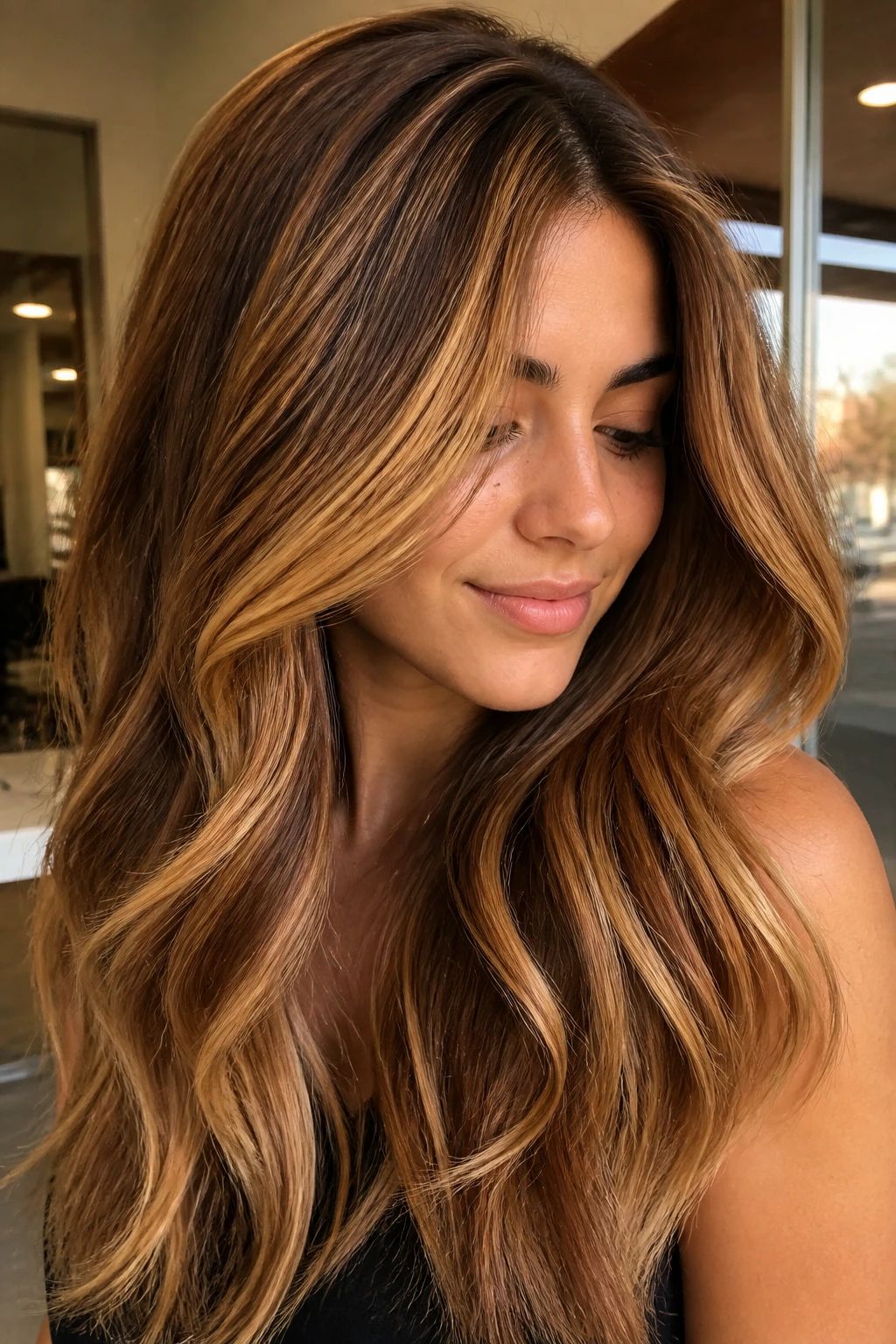 Close-up of multi-tone caramel macchiato hair with depth and shine