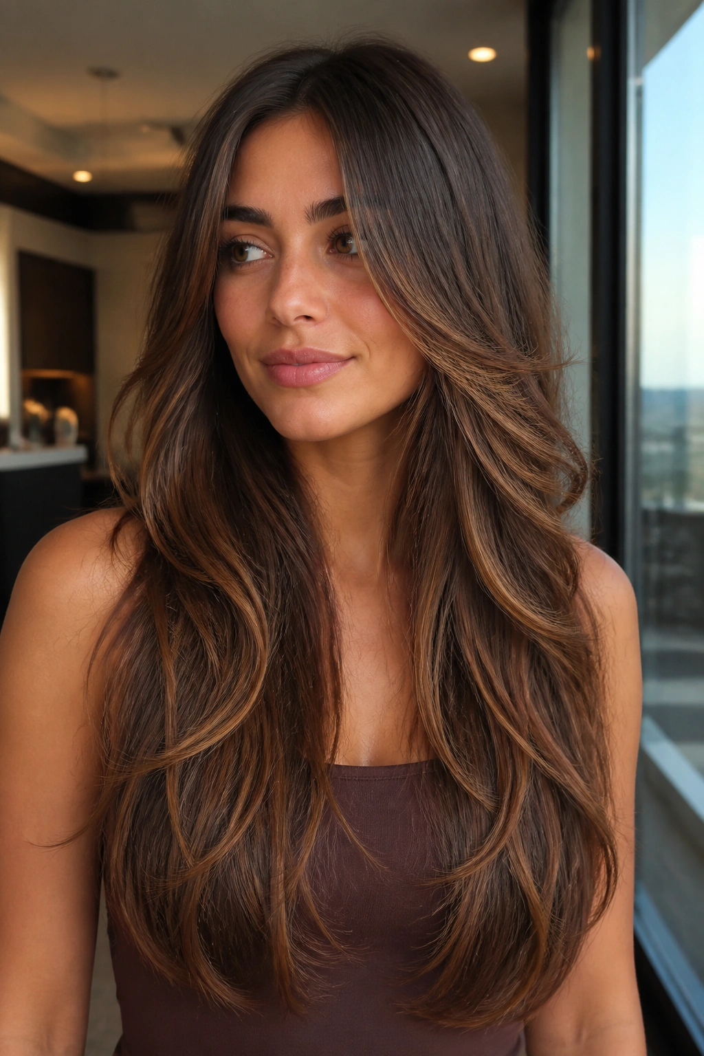 Portrait of long layered brunette with caramel cascade highlights in natural light