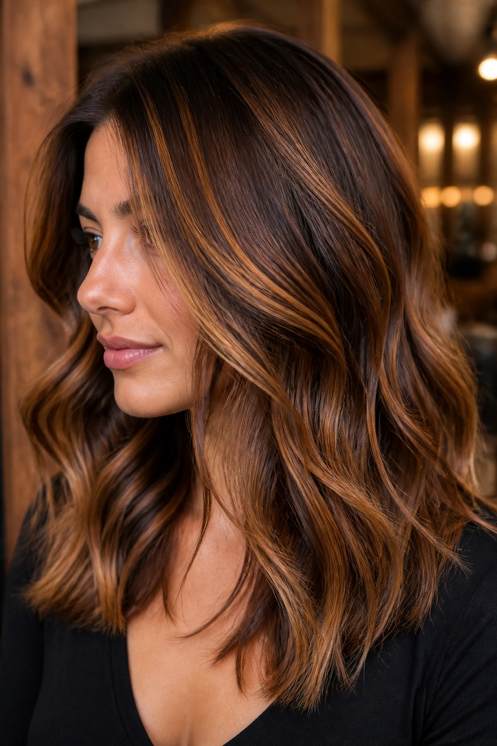 Chestnut hair with caramel ribbons visible in midlengths on a real person