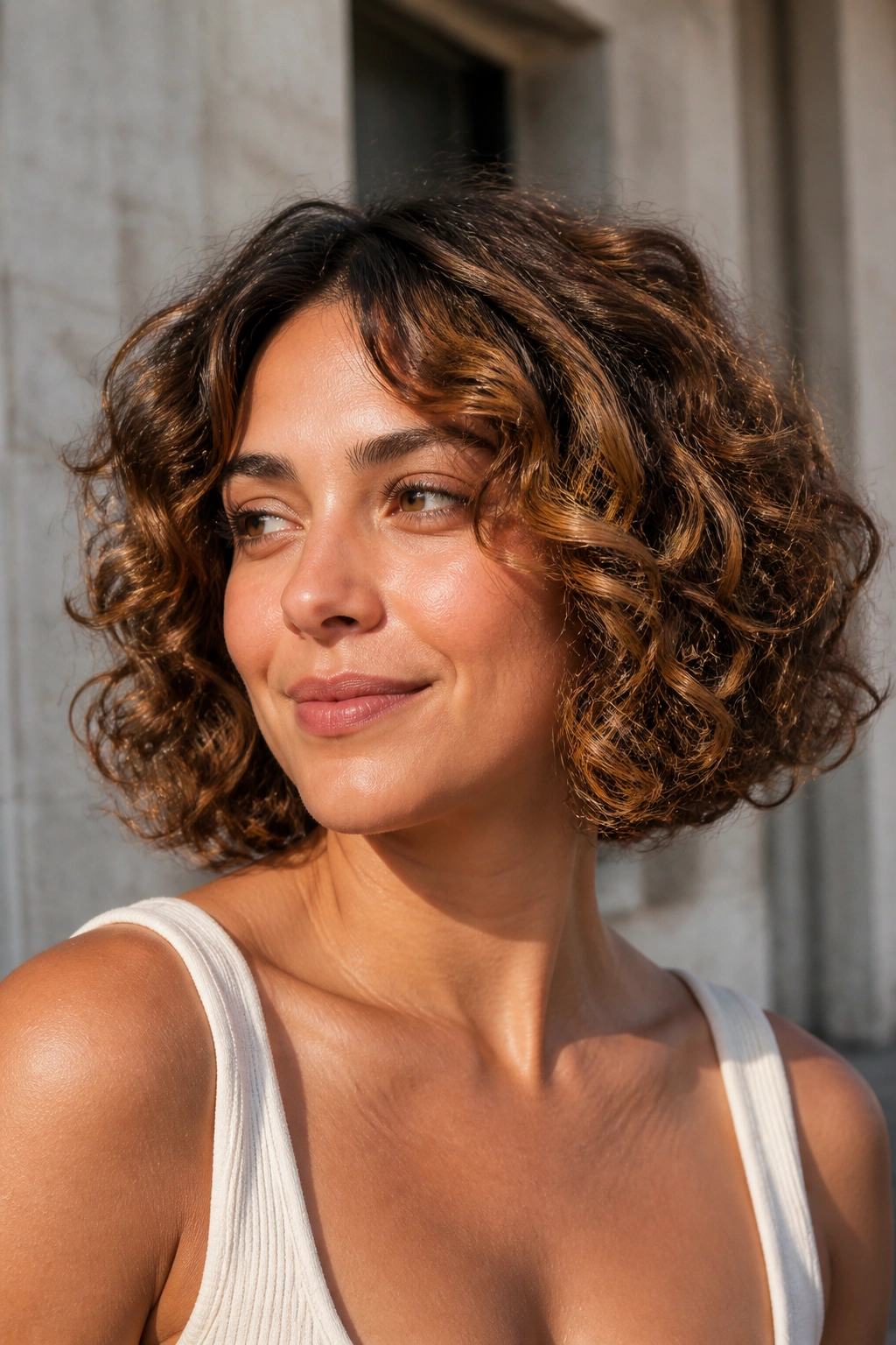 Close-up of a real woman with curly brunette bob and chunky caramel highlights.
