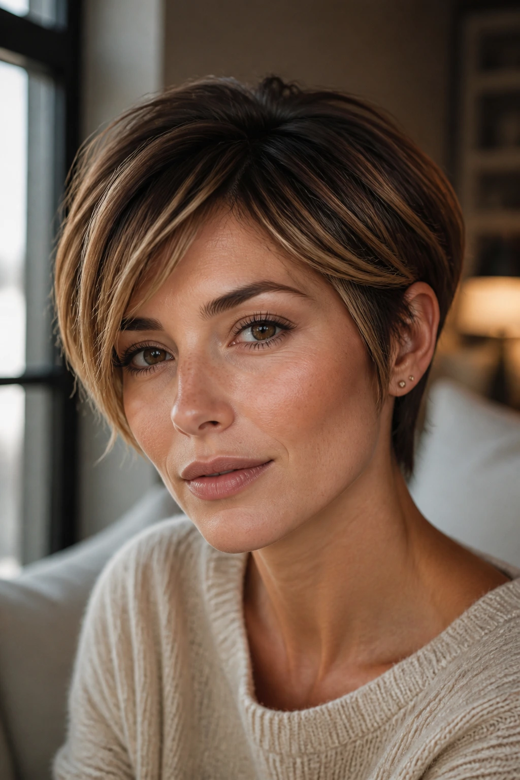 Close-up of a real person with caramel contour ribbons around cheekbones.
