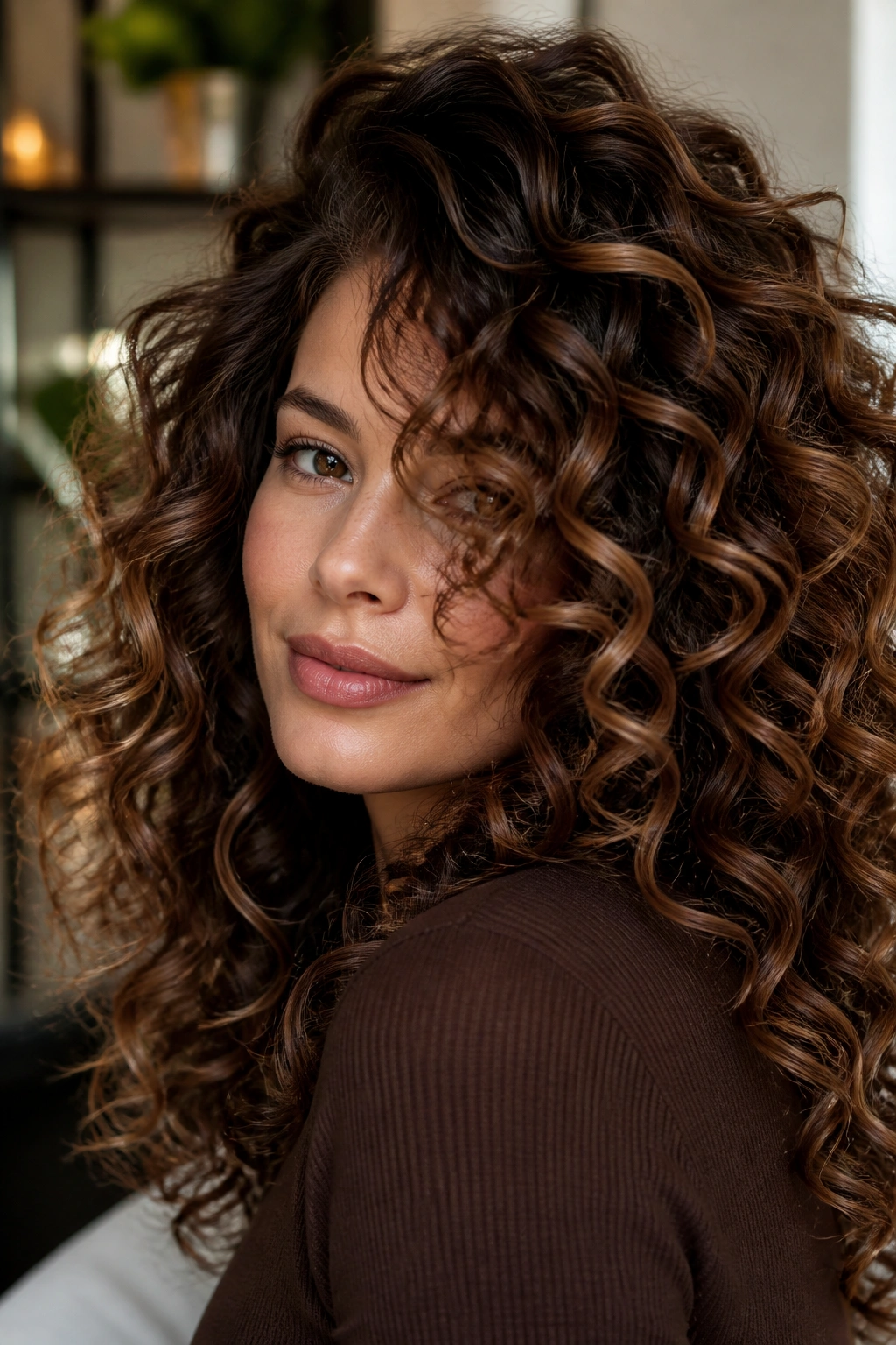 Brunette with caramel contour highlights following natural curl shapes