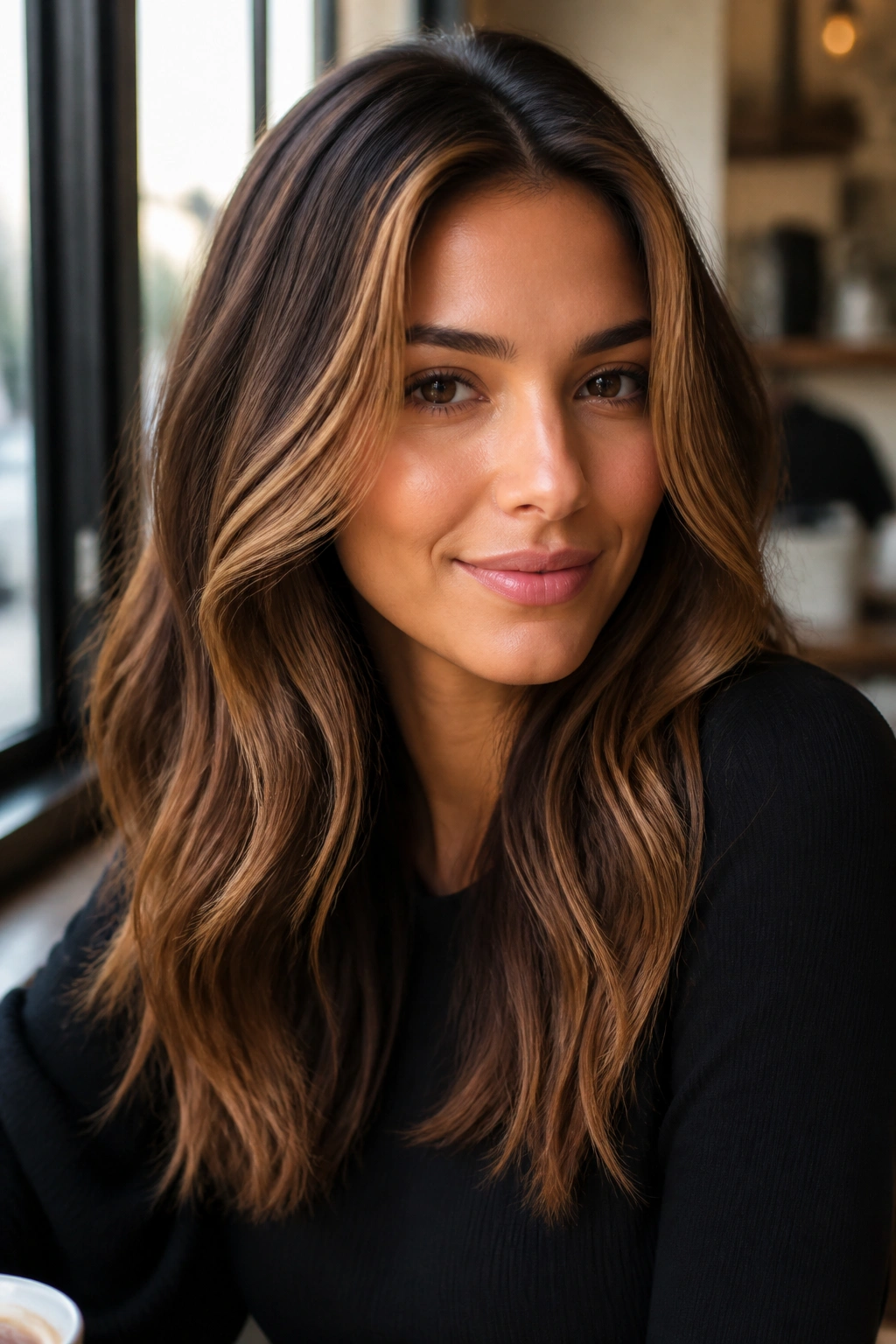 Close-up of caramel contour highlights around the face on a real person