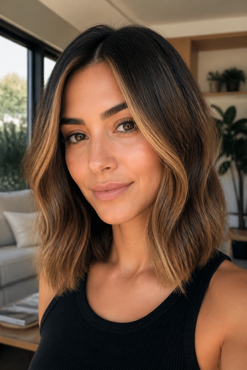 Close-up of a real woman with caramel face-framing contour highlighting cheekbones and jawline