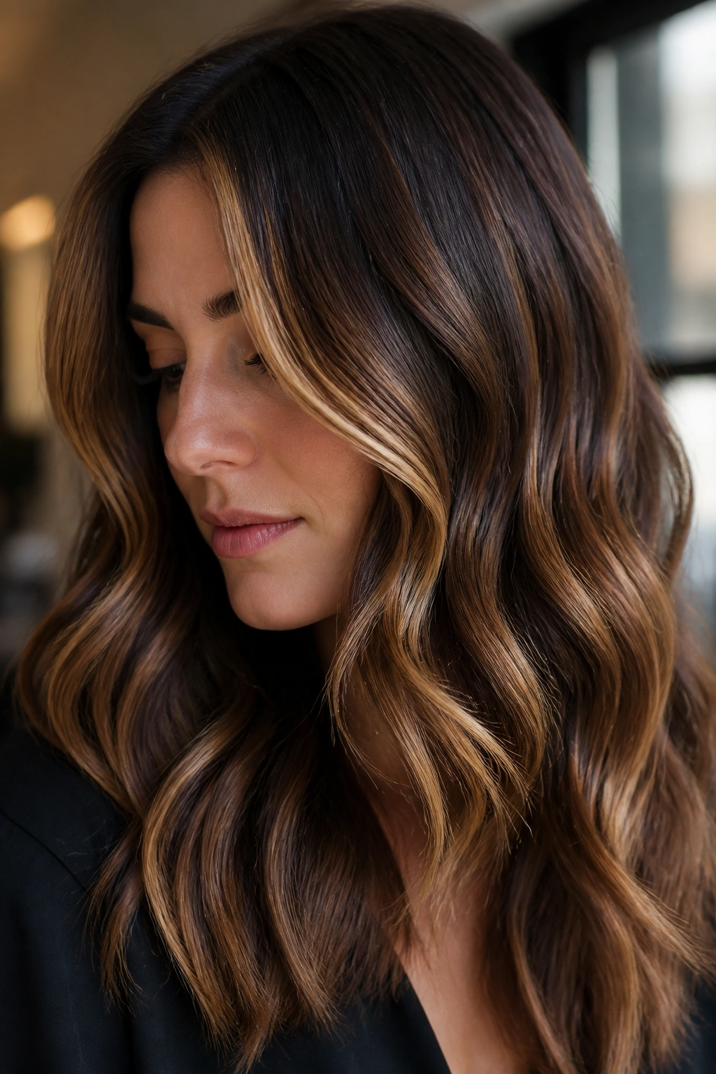Close-up of dark brown hair with caramel foilyage on waves