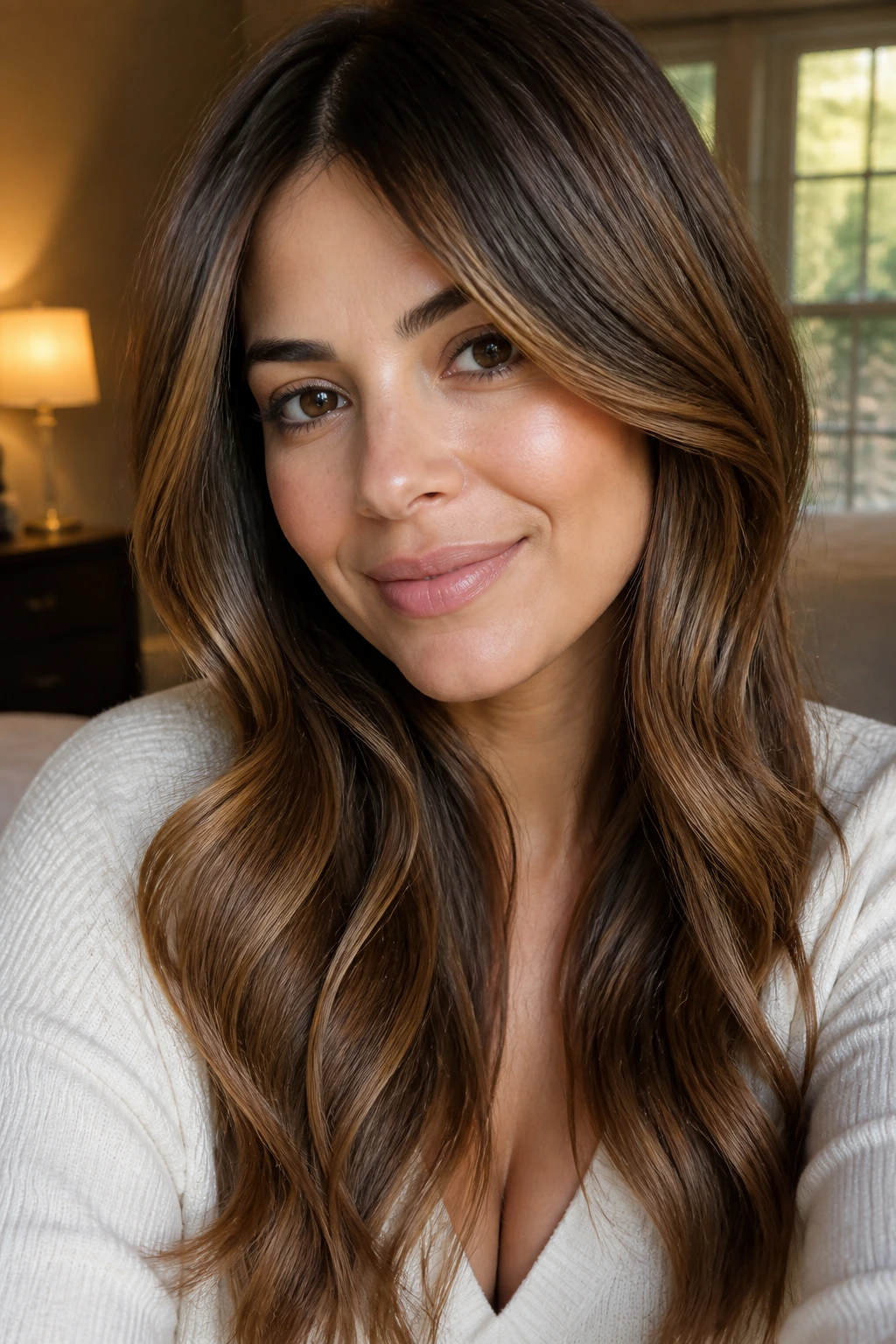 Close-up of a real woman with caramel glaze on soft waves in warm bedroom lighting