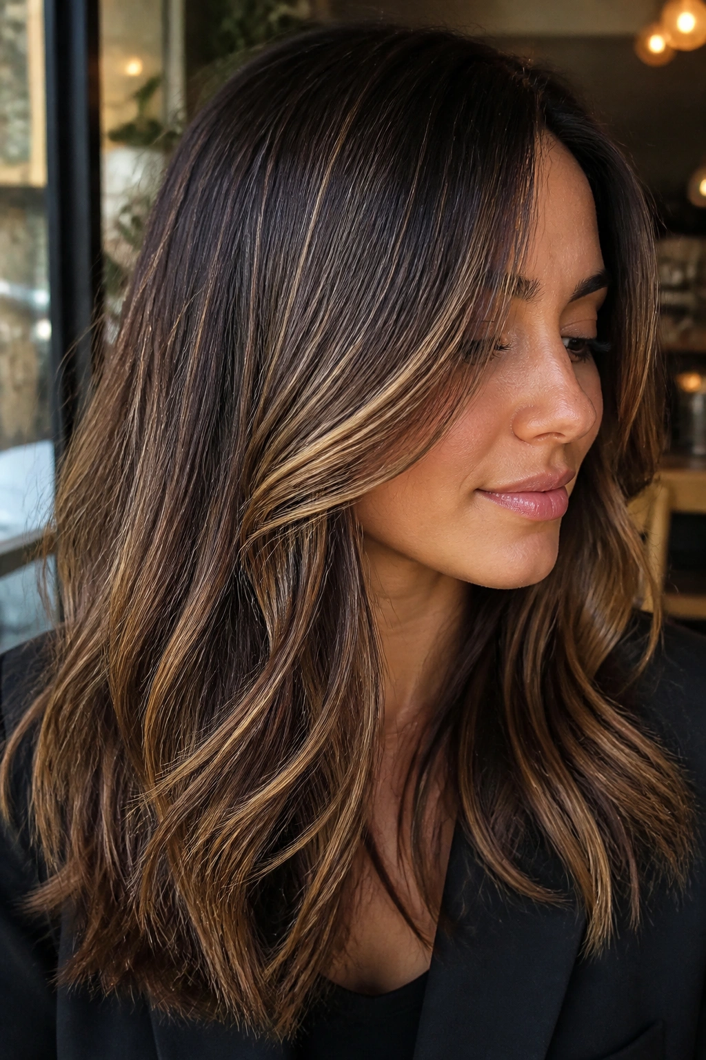 Caramel ribbons on chocolate brown hair close-up portrait