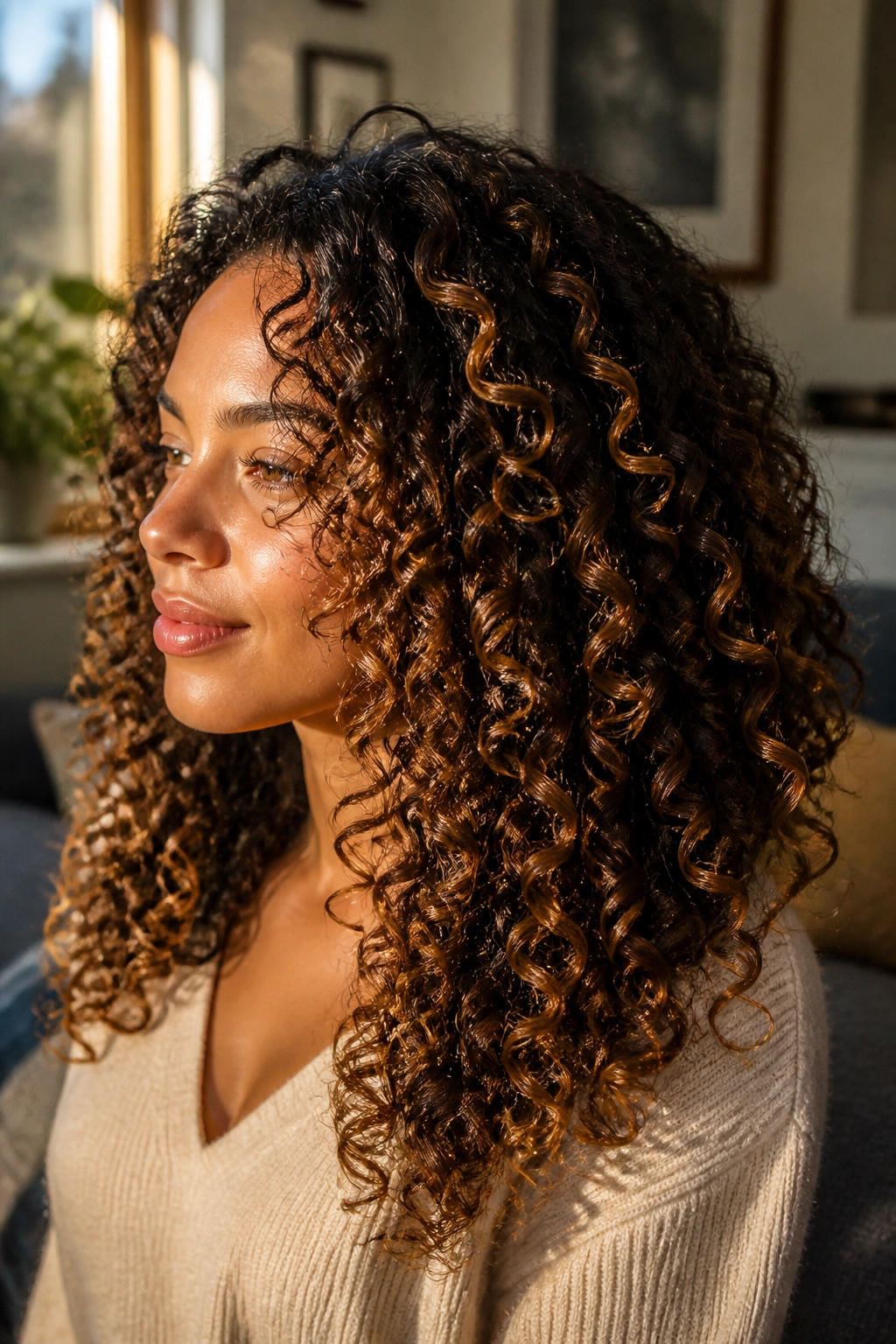 Close-up of a real woman with curly hair and caramel highlights on the outer ringlets
