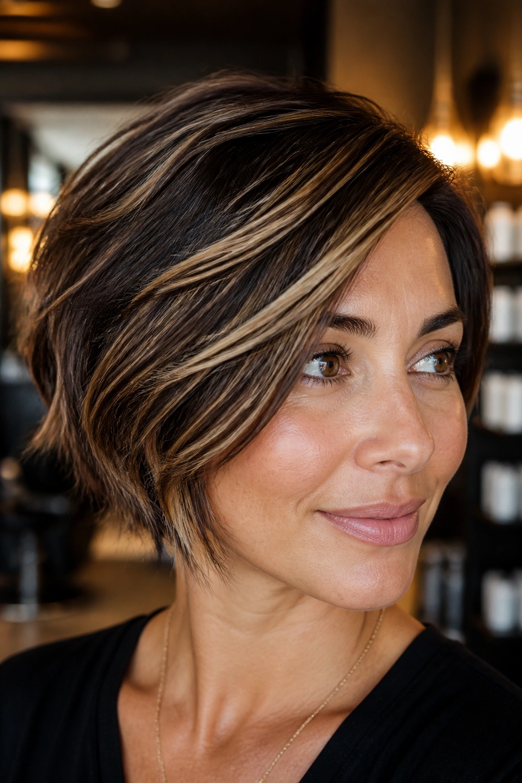 Close-up of a real person with short dark brown hair and caramel highlights framing the face.