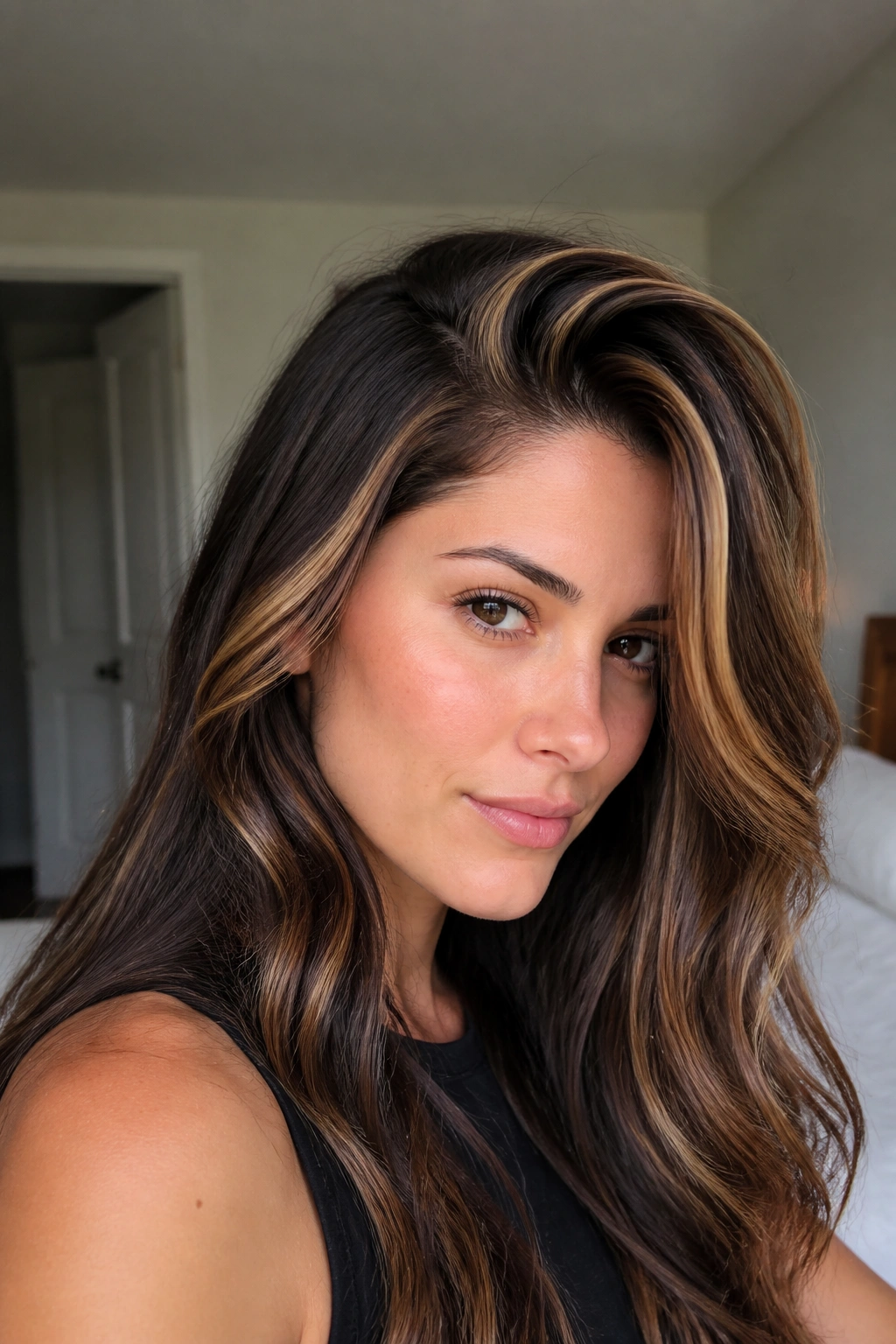 Close-up of a woman with deep side-part caramel highlights creating high contrast on brown hair