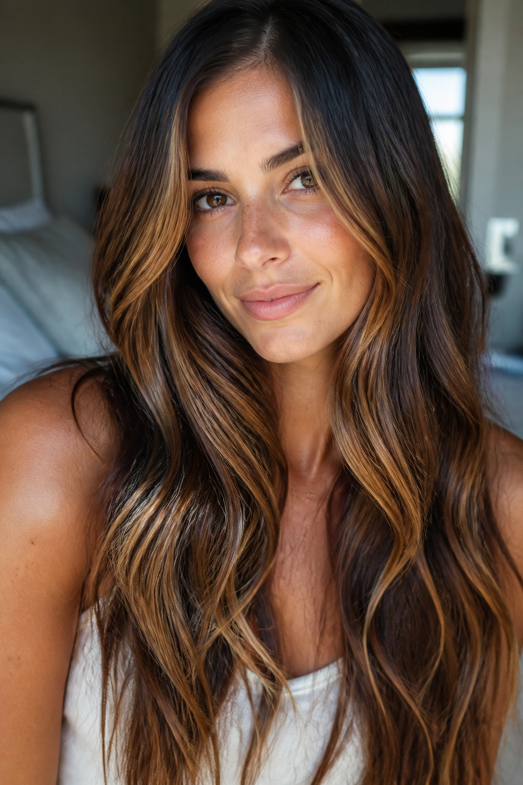 Close-up of a real woman with soft caramel ribbon highlights in long hair, warm window light