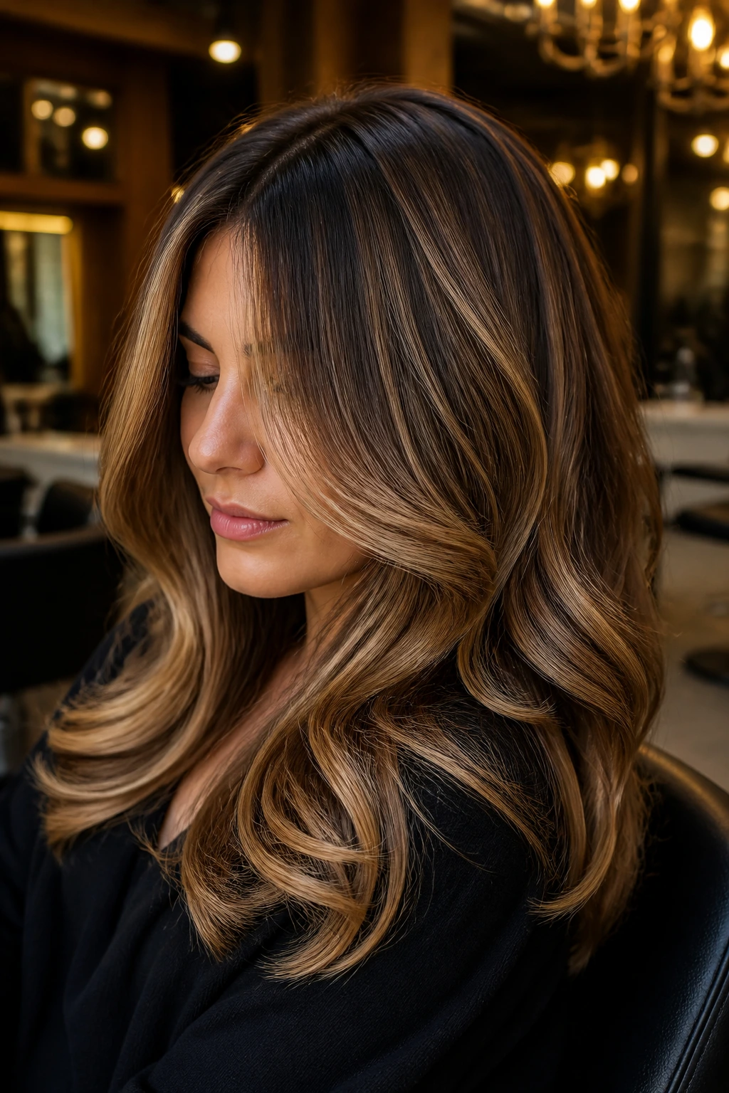 Close-up of caramel ribbon highlights on a real person's hair