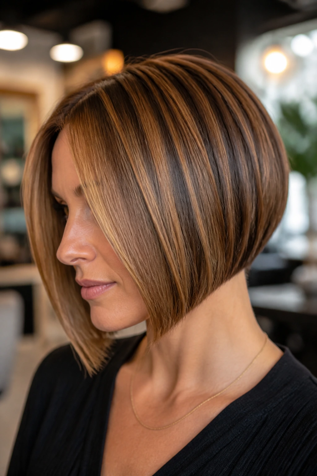 Portrait of a real woman with inverted bob and warm caramel highlights.