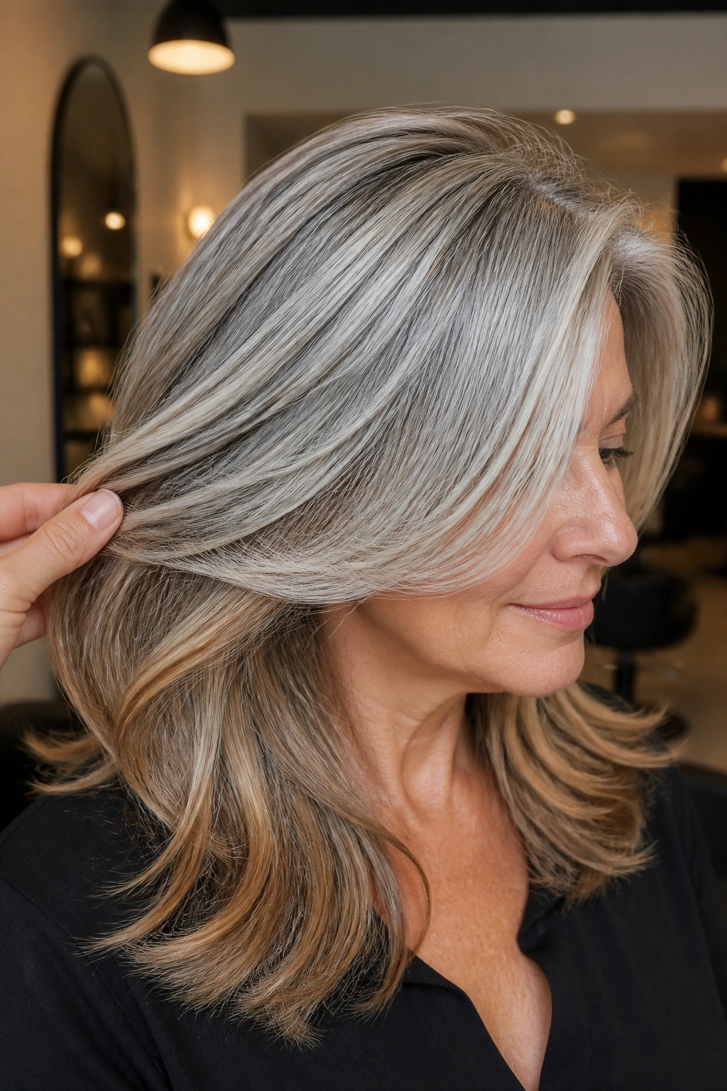 Close-up of caramel lowlights under silver highlights in hair