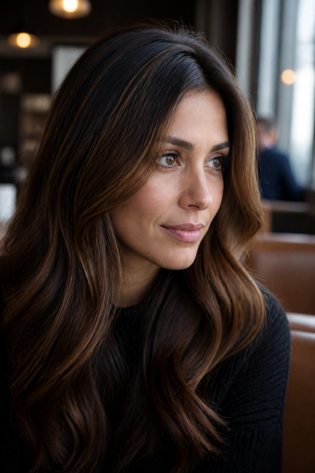 Close-up of a real woman with caramel micro-highlights on dark brown hair
