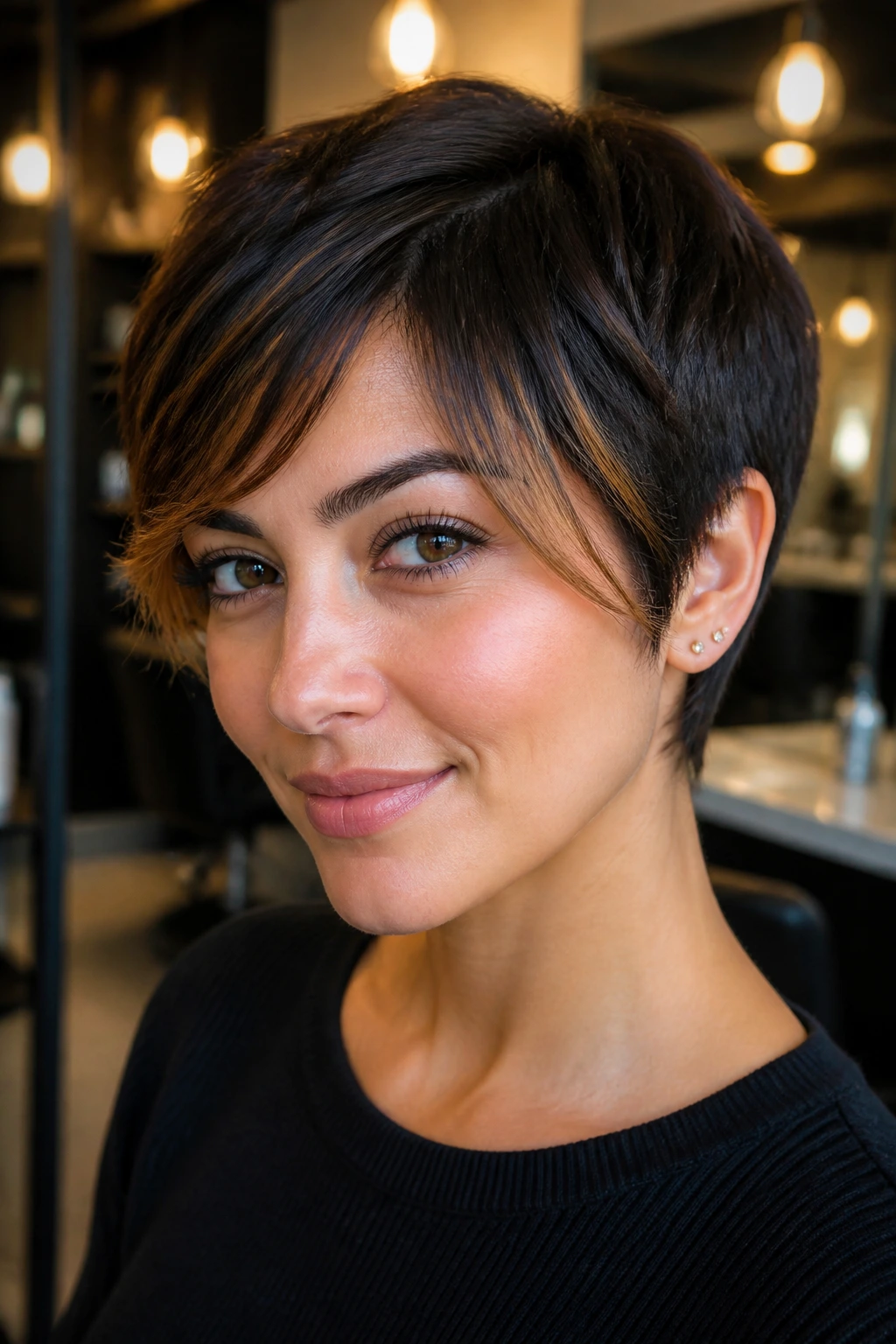 Close-up of a real person with caramel money piece on a dark brunette pixie