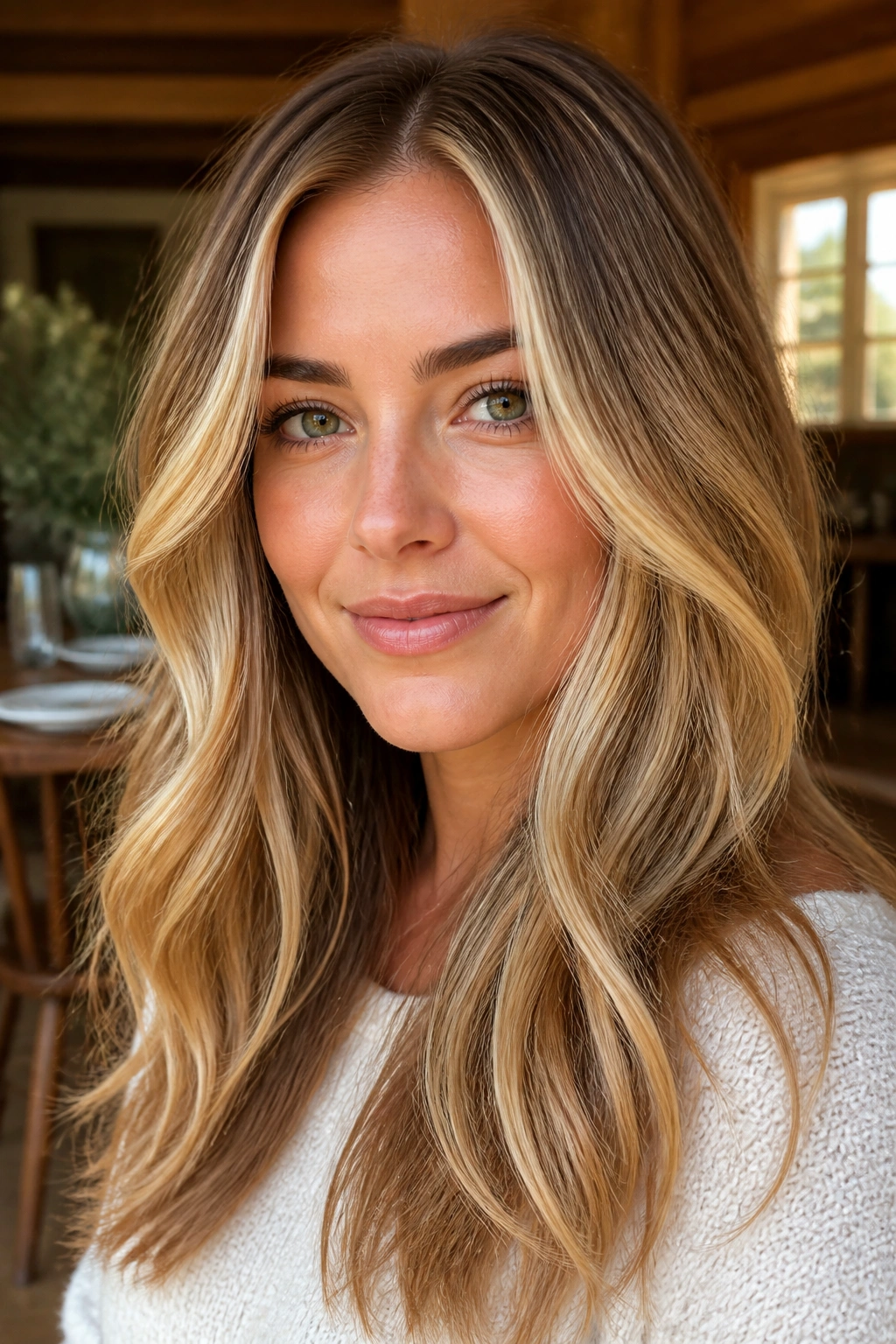 Close-up portrait of a real woman with caramel ribbons through blonde hair in warm indoor lighting
