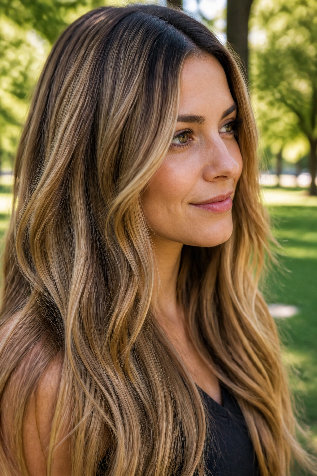 Close-up portrait of a real woman with caramel ribbon blonde hair in soft daylight
