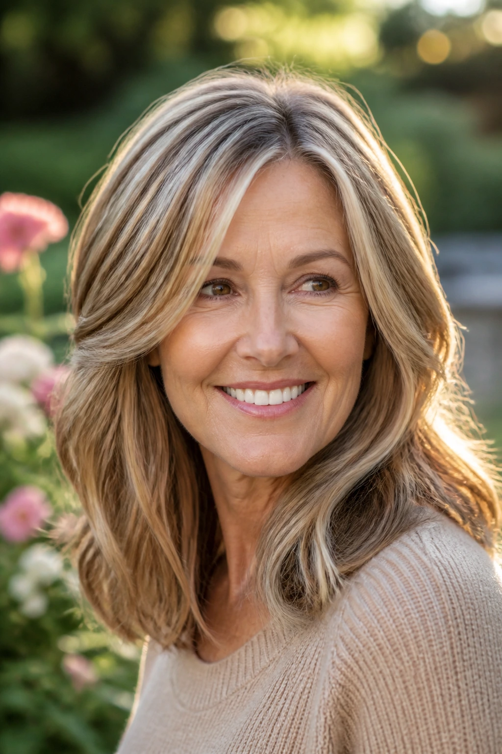 Close-up portrait of a real woman with caramel ribbon blonde highlights in natural light