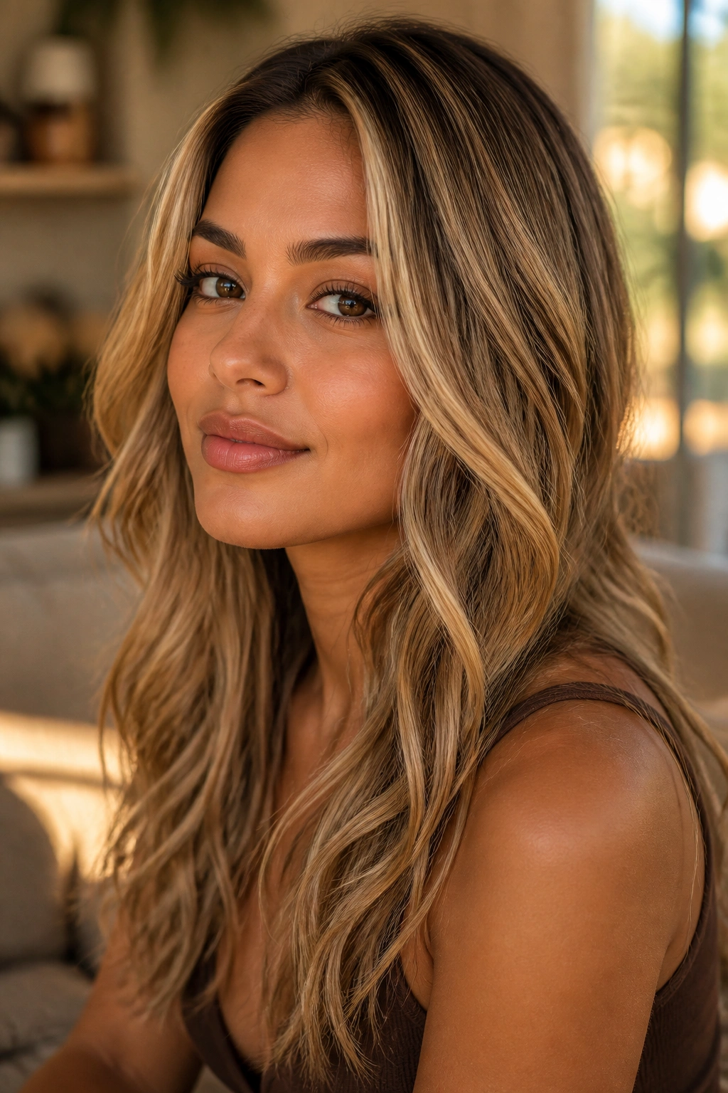 Close-up portrait of a woman with caramel ribbon blonde in warm golden hour light