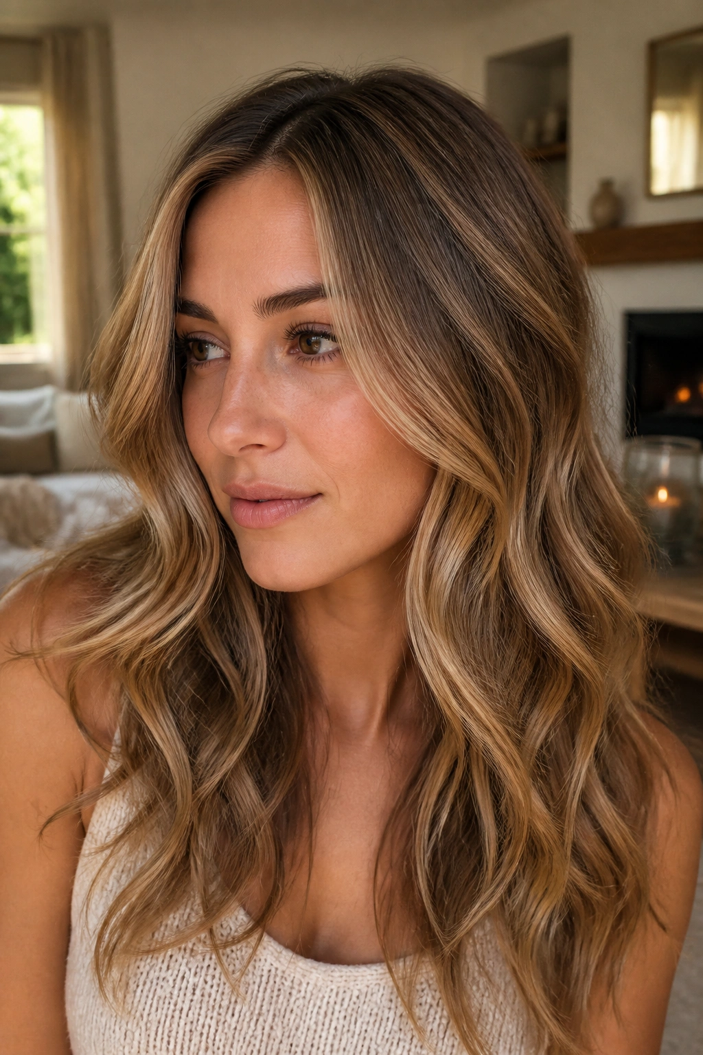 Close-up of caramel ribbon dirty blonde hair on a real person