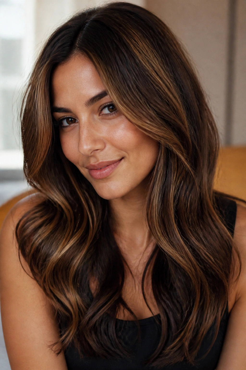 Close-up of real woman with Caramel Ribbon Brunette highlights around face