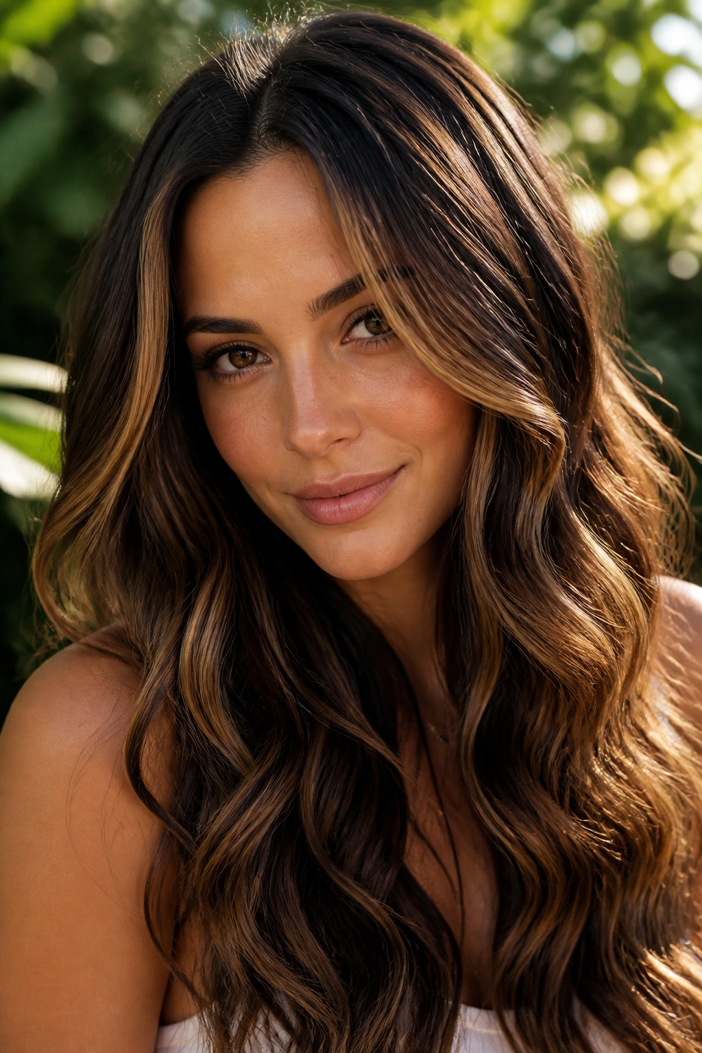 Close-up of a real woman with deep brunette hair and caramel ribbons on waves in sunlight
