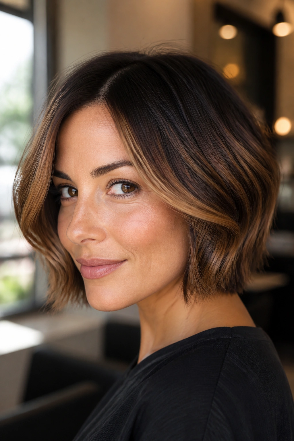 Close-up of dark brown hair with caramel ribbon shadow root on a bob