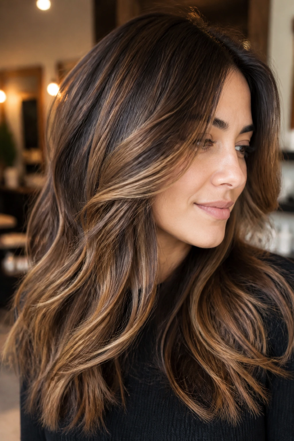 Real woman with caramel ribboning woven through brunette base