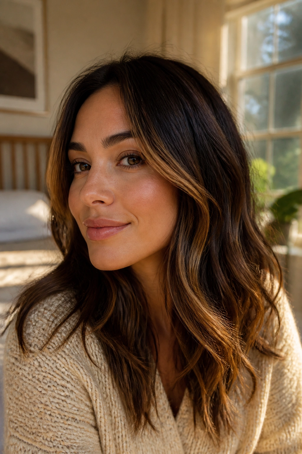 Close-up of a real woman with chocolate brown hair featuring caramel ribbons.