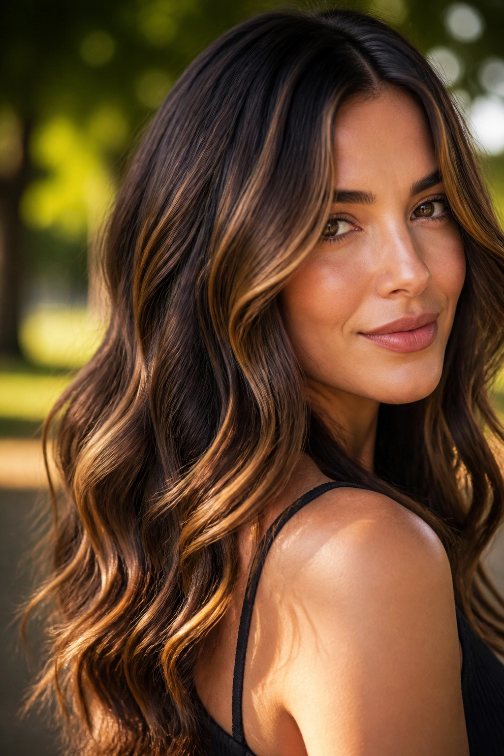 Close-up portrait with caramel ribbon highlights in deep brunette waves.