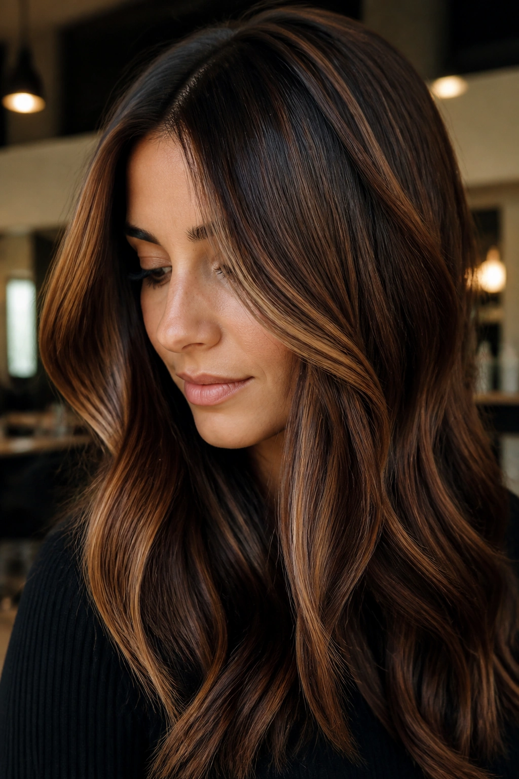 Close-up portrait of a real person with caramel ribbons woven into deep brunette hair around the face