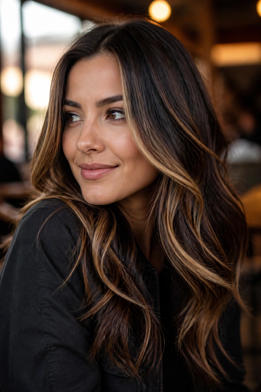 Close-up portrait of brunette with caramel ribbons framing the face