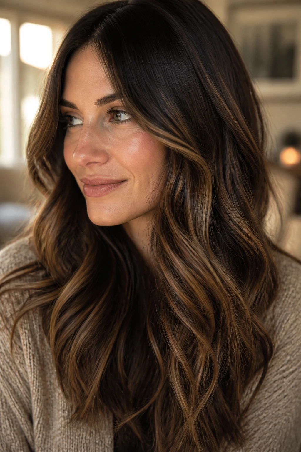 Close-up portrait of real woman with dark brunette hair and caramel ribbons in soft waves, warm window light