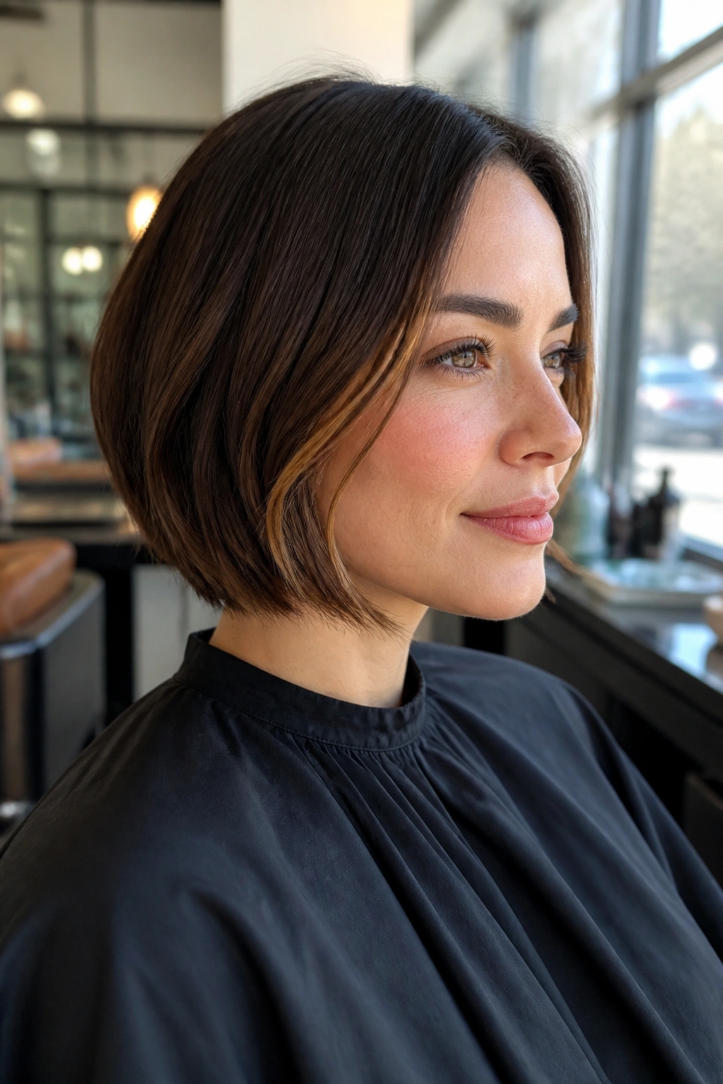 Close-up of a real woman with a chin-length bob featuring thin caramel ribbons framing the face