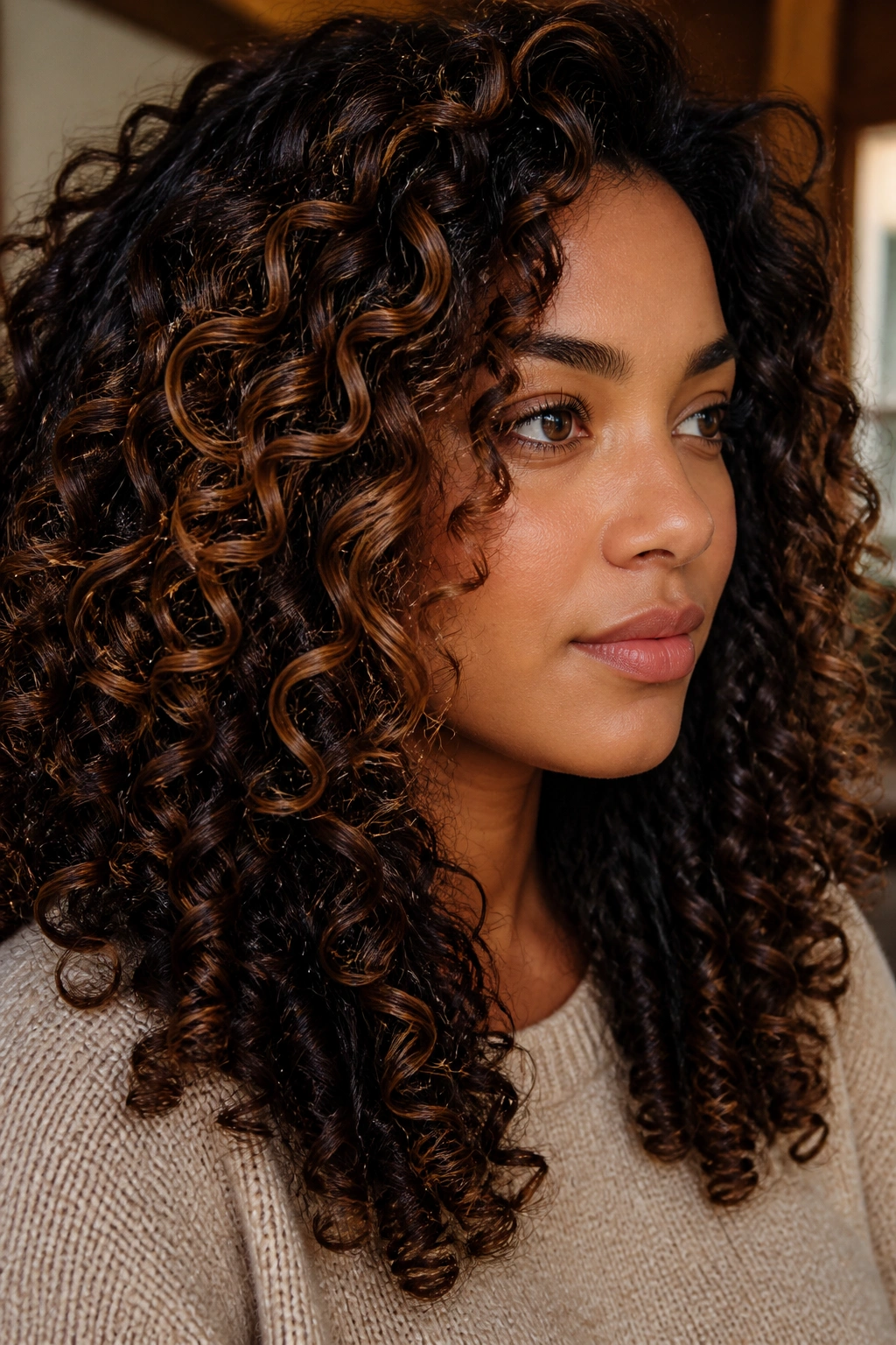 Close-up of a real woman's dark chocolate curls with caramel ribbons around the face