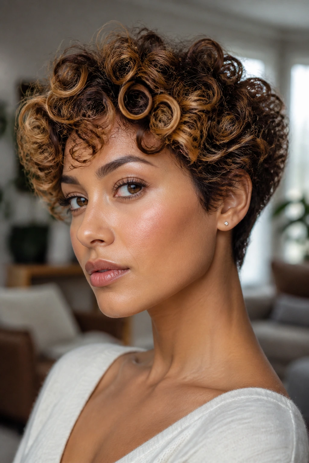 Curly crop with caramel ribbons highlighting outer curls
