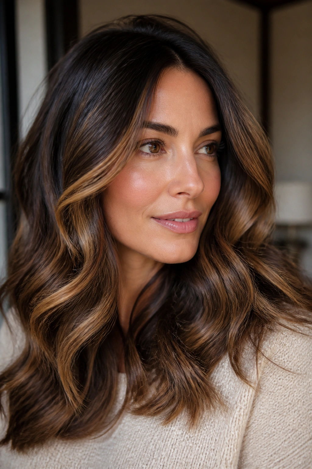 Close-up of brunette with caramel face-framing ribbons in warm window light