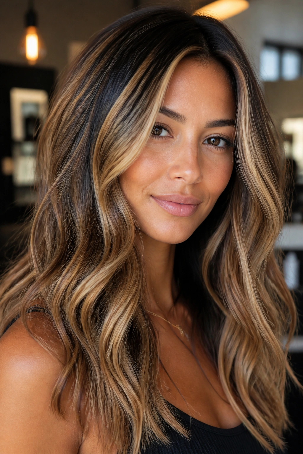 Close-up portrait of a real woman with caramel blonde ribbons woven through darker hair under warm salon lighting.