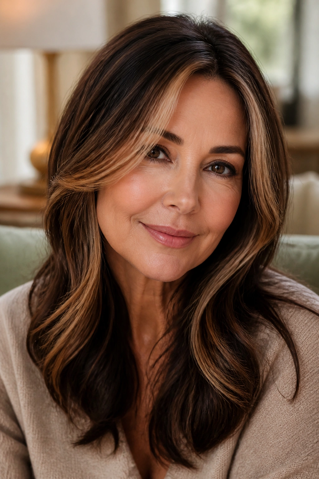 Close-up portrait of a woman with caramel ribbons around the face in brunette hair