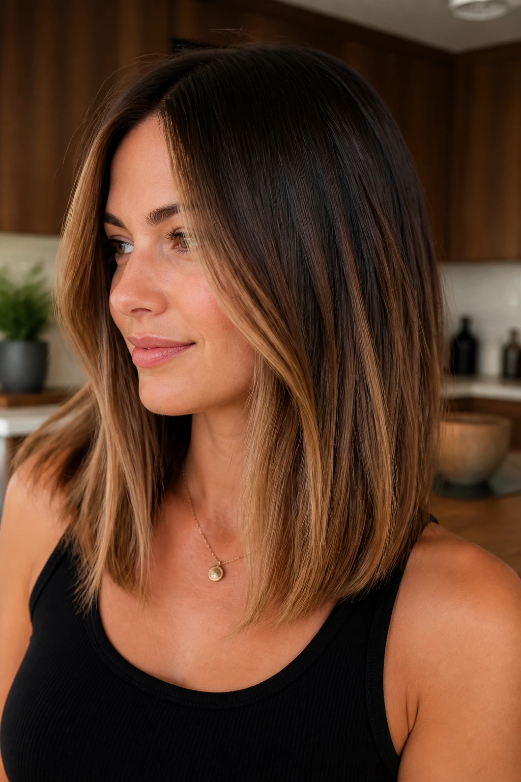 Close-up of hair with caramel ribbons through the ends on a real person