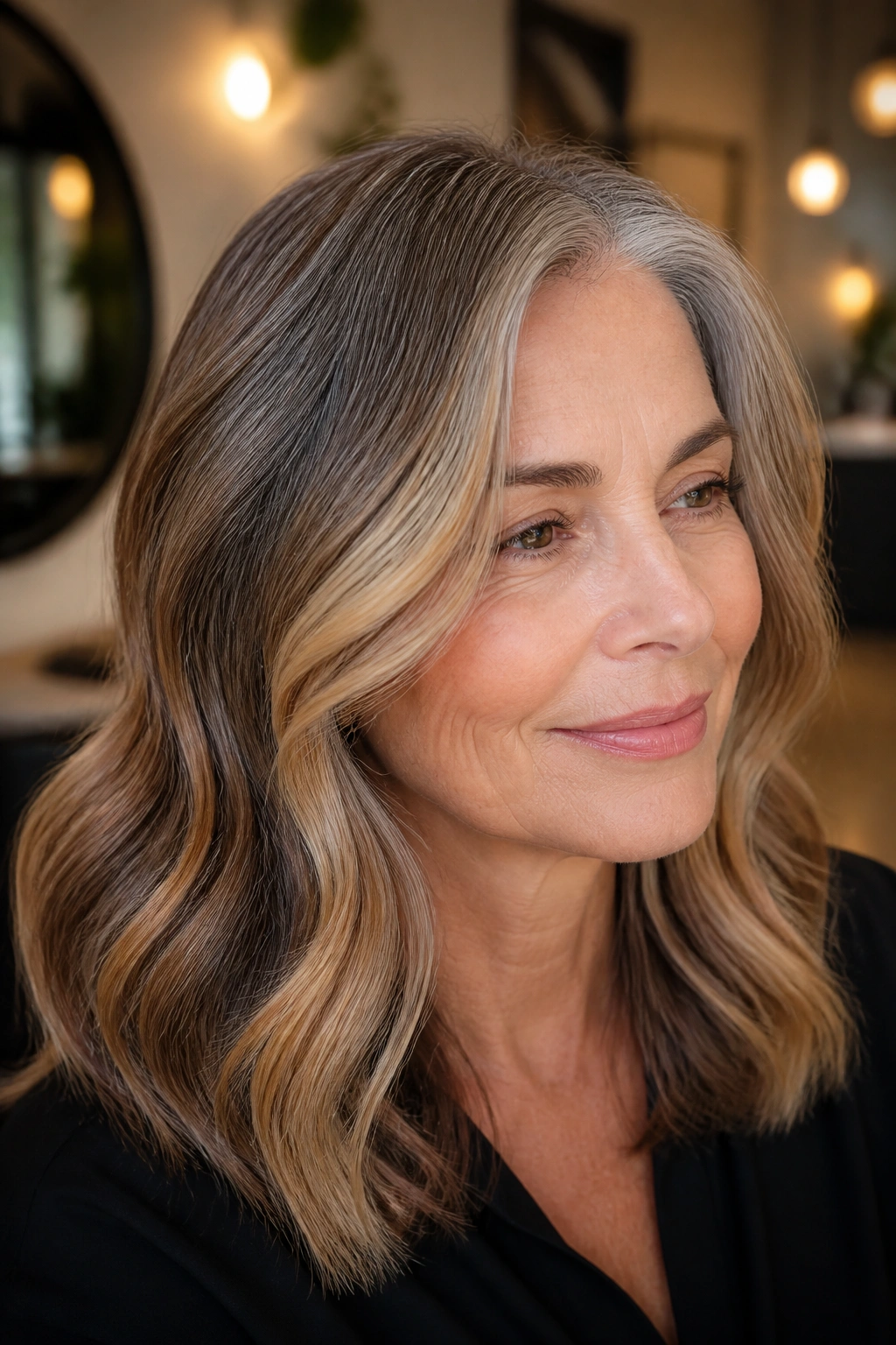 Close-up portrait of a real woman with caramel ribbons woven through mid-length hair in warm salon light.