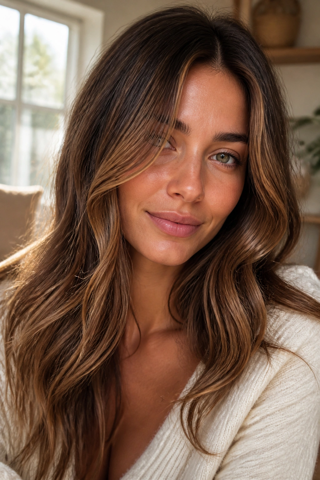 Close-up of a real woman with caramel ribbon brown hair and soft face-framing ribbons
